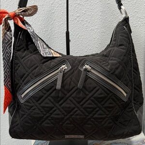 Vera Bradley Vivian Hobo Bag Black Quilted Shoulder Bag with Bag Scarf GUC